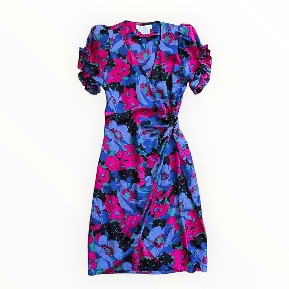 Vintage Flora Kung Silk Floral Puff Shoulder Midi Wrap Dress Blue Pink Small